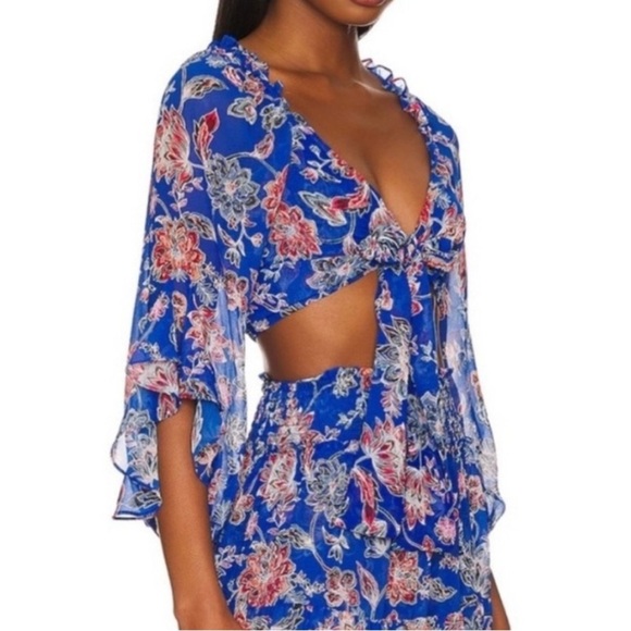 NWOT Misa Los Angeles Ancora Floral Tie Crop Top, Red, White, Blue, Sheer, Small - Picture 14 of 16